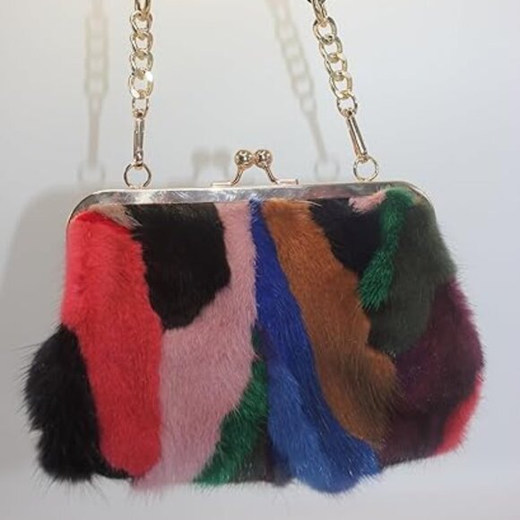 Neiman Marcus Mink Fur Multicolor Print Clutch Bag - Picture 1 of 7